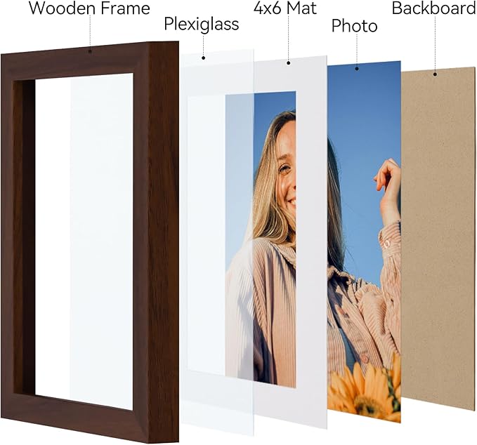 Vittanly 5x7 Picture Frame Set of 4, Display Pictures 4x6 with Mat or 5x7 without Mat, Engineered Wood with Shatter Resistant Plexiglass, Small Photo Frames for Wall or Tabletop Display, Brown