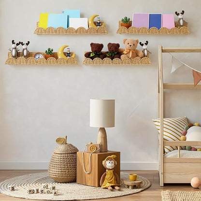 Pinkunn 4 Pcs Nursery Book Shelves 23.6 Inch Rattan Scalloped Floating Bookshelves Wicker Boho Book Shelf for Wall Mounted Decor Nursery Rooms Hanging