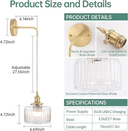 Battery Operated Wall Sconce with Clear Striped Shade Pattern Glass Adjustable Chain Retro Gold Wall Mounted Light, Modern Wall Lamp Fixtures Decor for Bedside Bedroom Indoor Doorway