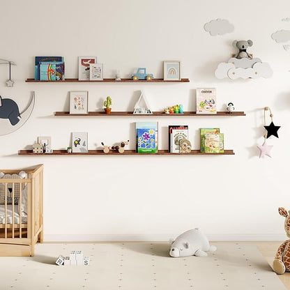 Fun Memories Picture Ledge Shelf, 60 Inch Floating Shelves Set of 2, Large Nursery Book Shelves for Toys Storage, Kids Bookshelf Wall Mounted for Wall Decor Books Photo Frames, Walnut