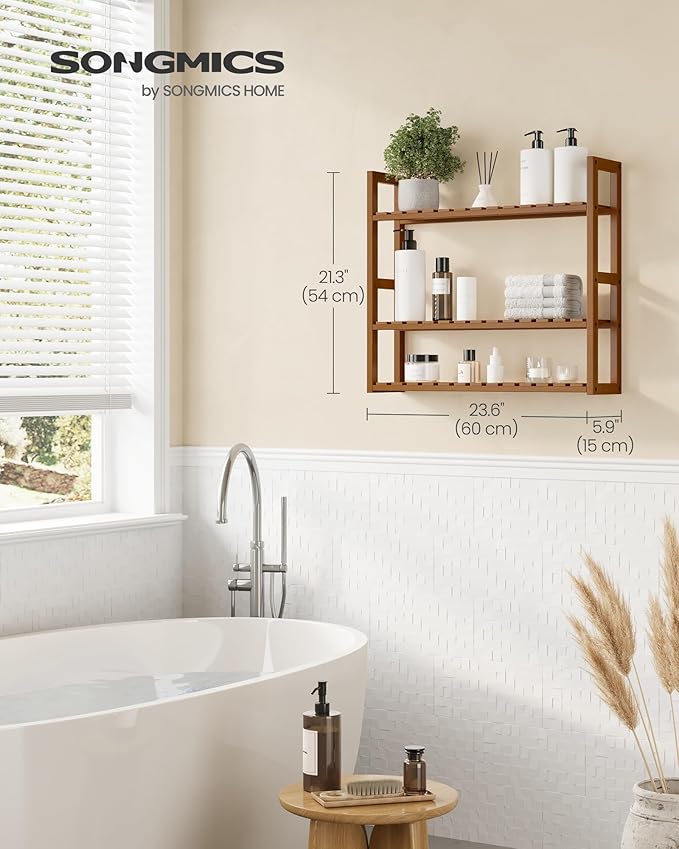 SONGMICS Bamboo Bathroom Shelf, 3-Tier Adjustable Plants Rack, Wall-Mounted or Stand, in The Living Room, Balcony, Kitchen, 5.9 x 23.6 x 21.3 Inches, Coffee Brown UBCB013K01