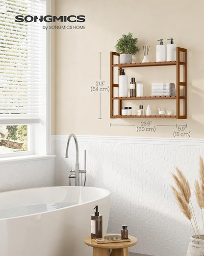 SONGMICS Bamboo Bathroom Shelf, 3-Tier Adjustable Plants Rack, Wall-Mounted or Stand, in The Living Room, Balcony, Kitchen, 5.9 x 23.6 x 21.3 Inches, Coffee Brown UBCB013K01