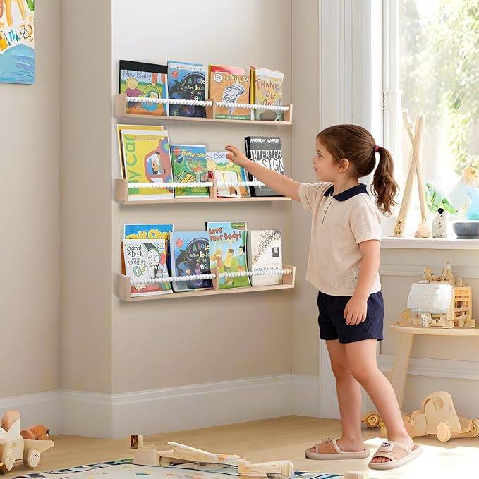 Nursery Bookshelf,Set of 3 White Wood Floating Bookshelf for Kids,Nursery Shelves for Wall,Bathroom Decor, Kitchen Spice Rack (White 3)