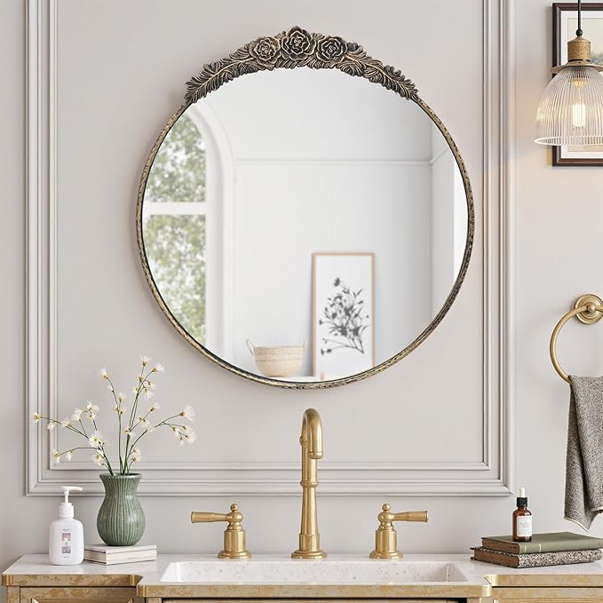 Growsun Round Wall Mirror with Vintage Black Floral Frame – 24 Inch Decorative Wall Mirror for Living Room, Bedroom, Entryway, Bathroom Vanity – Elegant Antique Accent Home Décor