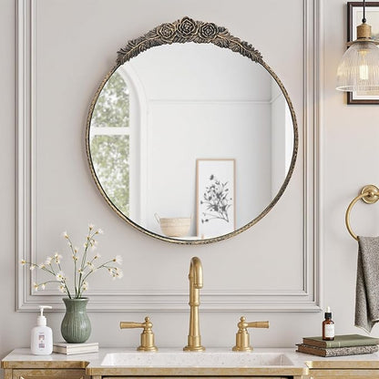 Growsun Round Wall Mirror with Vintage Black Floral Frame – 24 Inch Decorative Wall Mirror for Living Room, Bedroom, Entryway, Bathroom Vanity – Elegant Antique Accent Home Décor