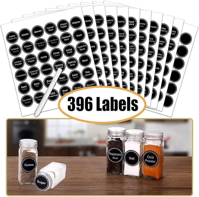 SWOMMOLY Magnetic Spice Rack Organizer with 28 Glass Spice Jars, 396 Spice Labels with Chalk Marker and Funnel Set for Refrigerator, Metal Fridge, Microwave, Cabinet, Countertop,12.9