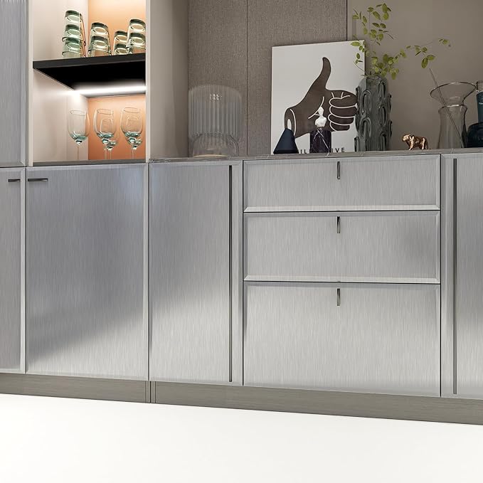 Stainless Steel Contact Paper 15.7"x 118" Silver Stainless Steel Contact Papers Peel and Stick Countertop Self Adhesive Thick Texture Vinyl Waterproof Wallpaper for Fridge Kitchen Cabinets
