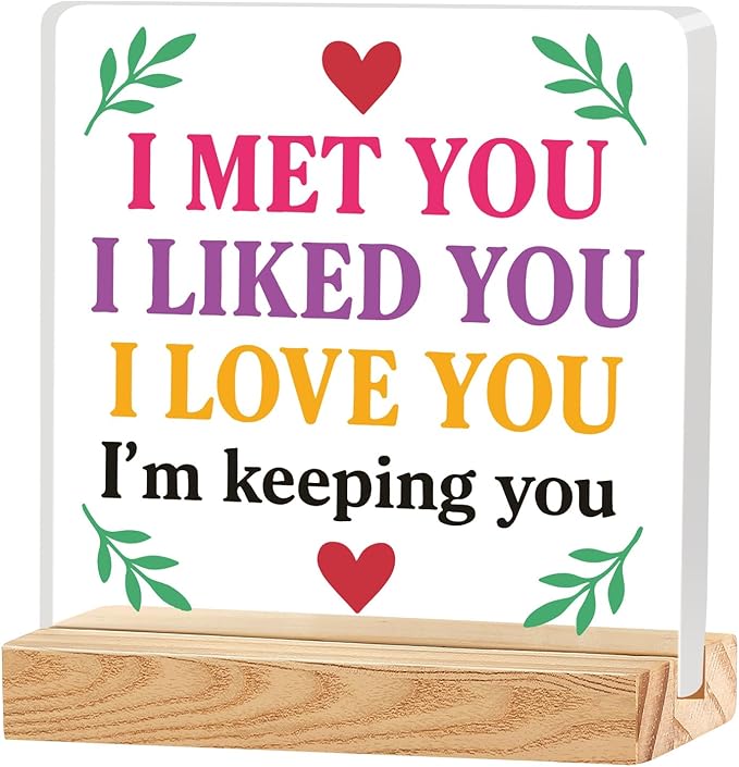 Valentines Desk Decor, Happy Valentine's Day Home Office Table Sign for Porch Tiered Tray Shelf Party, Rustic Romantic Acrylic Gifts Decorations for Him Her Wife, I Met You