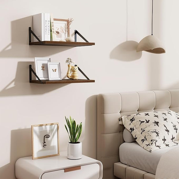 Floating Shelves for Wall,18" Wall Mounted Shelves Set of 2,Wood Floating Shelf with Bracket,Sturdy Metal Bracket Bookshelves Home Decor Storage for Living Room,Bedroom,Bathroom,Kitchen,Walnut