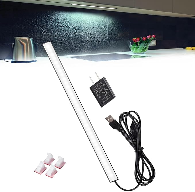 JUSJUBR Black Under Cabinet Lighting Plug in, Under Counter Lights, 12 Inch Dimmable LED Light Bar, Under Cabinet Lights for Sink, Counter, Desk, Cold White 6000K