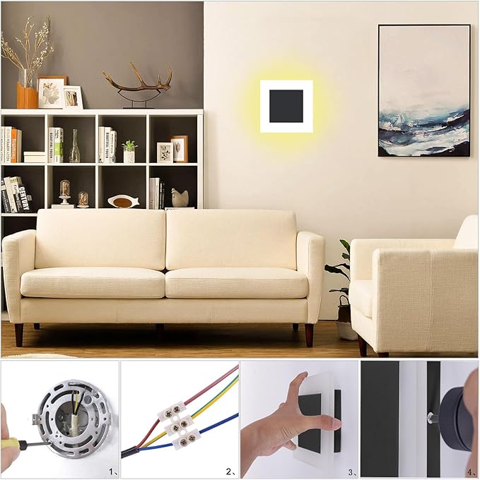Kawell 10W Square Acrylic LED Wall Sconce Non-Dimmable Hardwired Black Wall Light Fixture for Bedroom, Living Room, Hallway Indoor Lighting, 3000K