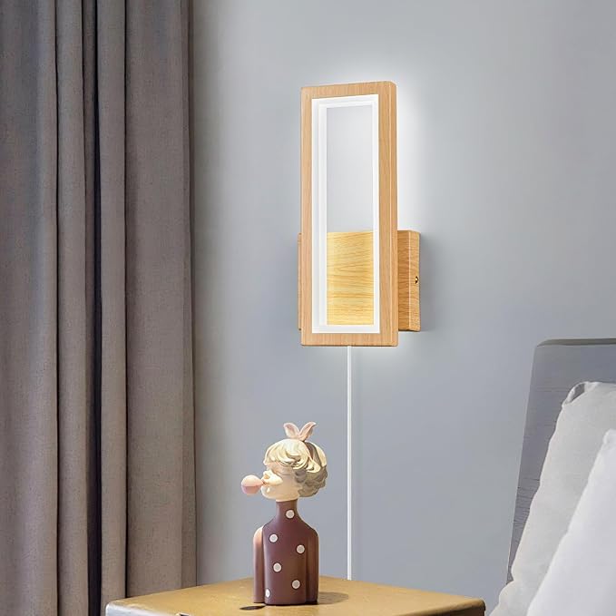 Modern Wood Color Plug in Wall sconces 18W Indoor LED Simple Wall Fixture 6000K Rectangle Vanity Wall Lights for Living Room Bedroom Hallway Stairs(1Pack)