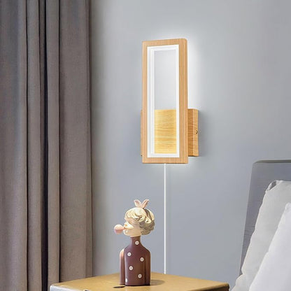 Modern Wood Color Plug in Wall sconces 18W Indoor LED Simple Wall Fixture 6000K Rectangle Vanity Wall Lights for Living Room Bedroom Hallway Stairs(1Pack)