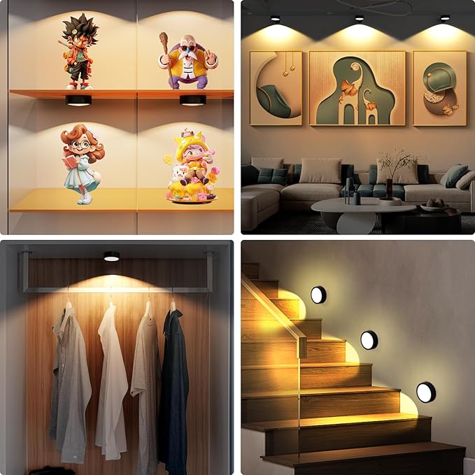 6 Pack Picture Lights for Wall, Rechargeable Battery Operated Wall Lights, Picture Frame Lights with 3 Lighting Modes, Wireless Magnetic Painting Light with Remote Control Timer, (Black)