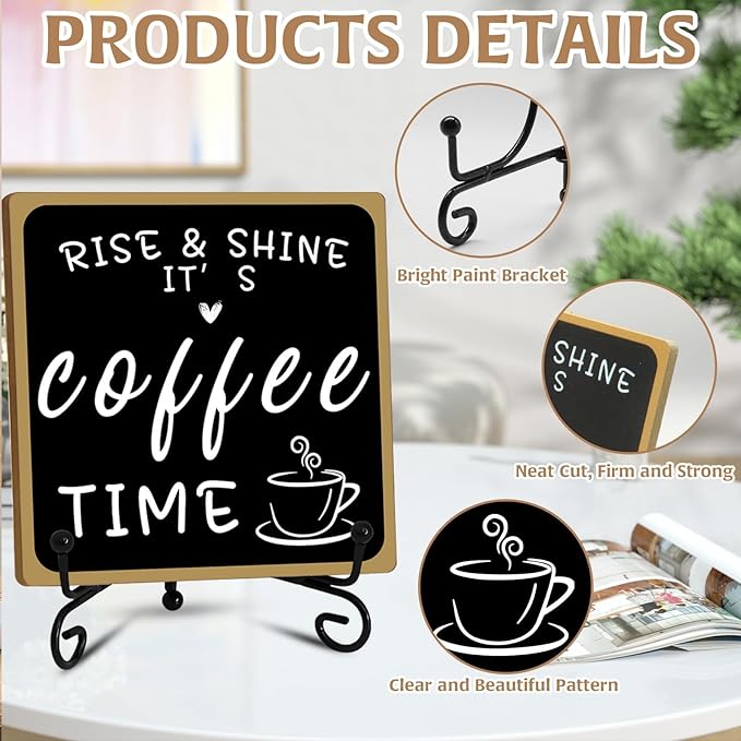 2Pcs Coffee Bar Sign Decorations, Black and White Coffee Sign Decor with Iron Stand Wooden Coffee Bar Decor Tabletop Shelf Accessories, Coffee Decorations for Coffee Bar Coffee Station Home Farmhouse