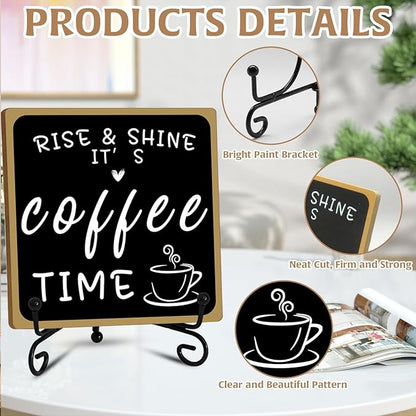 2Pcs Coffee Bar Sign Decorations, Black and White Coffee Sign Decor with Iron Stand Wooden Coffee Bar Decor Tabletop Shelf Accessories, Coffee Decorations for Coffee Bar Coffee Station Home Farmhouse