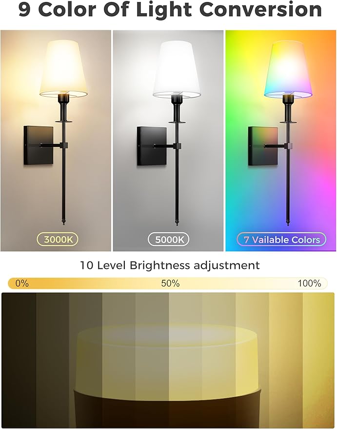 DORESshop Battery Operated Wall Sconce Set of 2, Black Rechargeable Wall Lights Remote, Sconce Wall Decor Set of 2, 7 Colors Wireless Sconces for Bedroom Living Room Hallway