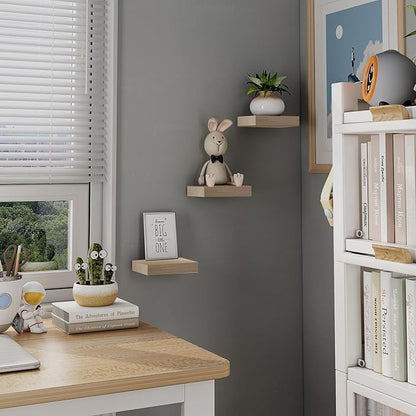 Small Floating Shelves for Wall - 6 Inch Mini Square Natural Wood Shelves for Bedroom, Living Room, Bathroom, Kitchen, Office Decor Set of 3