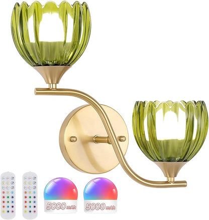Battery Operated Wall Sconce, 2-Lights Vinatge Brass Wall Lighting with Green Tluip Shade Rechargeable Bulb with Remote for Living Room, Bedroom