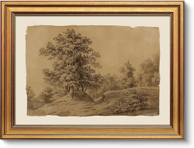 VIYYIEA Gold Framed Art Prints,12x16Inch, Sketch Landscape Vintage Art Painting, Rustic Sepia-toned Decor for Library Dining Study Room Shelf, Country Canvas Picture