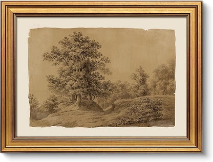 VIYYIEA Gold Framed Art Prints,12x16Inch, Sketch Landscape Vintage Art Painting, Rustic Sepia-toned Decor for Library Dining Study Room Shelf, Country Canvas Picture