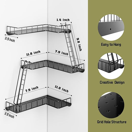 Fire Escape Wall Shelf - Modern City Style 3-Tier Corner Wall Shelves, Easy to Install Metal Ladder Shelf for Figures, New York Decorative Shelves for Bathroom, Living Room & Home Decor,Black
