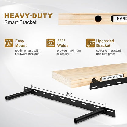 Fun Memories Floating Shelves, 9.3'' Deep Solid Pine Wood Wall Shelves for Storage, Wall Mounted Display Shelf with Invisible Heavy-Duty Metal Bracket, 36'' Width Set of 2, Unfinished - DIY Stain