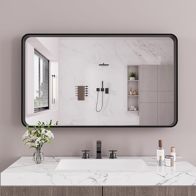 Black Bathroom Mirror 60X36 Inch, Black Metal Framed Mirror for Wall, Rounded Rectangle Matte Bathroom Vanity Mirror with Tempered Glass, Anti-Rust, Horizontal/Vertical