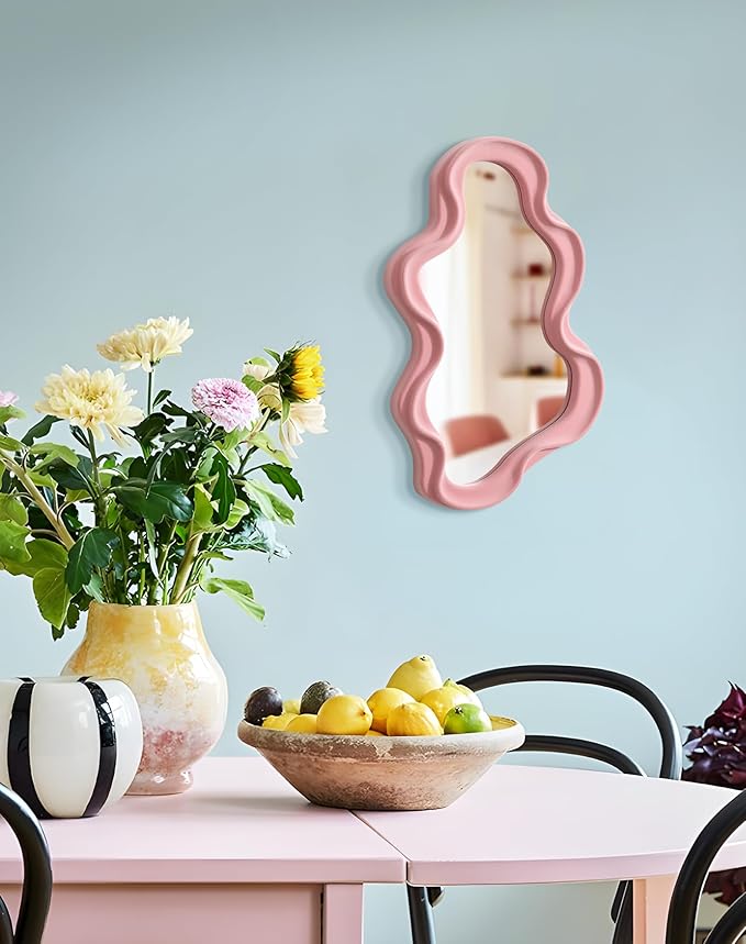 Wavy Mirror Wall Decor for Girly Bedroom, Small Cute Abstract Decorative Mirrors for Modern Apartment Nursery Room Decoration, Hanging Wall Art Above Dresser Desk Table Decor (Light Pink)
