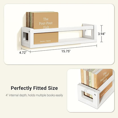 Upgraded Thick Floating Shelves, Solid Wood Bookshelf for Wall, Floating Book Shelves Use as Wall Shelves for Bedroom, Kids Room, Nursery, Books, Spice Rack & Decor - White
