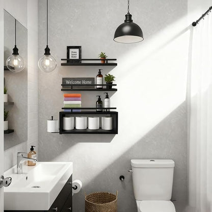 OurWarm Wood Floating Shelves for Wall Set of 3, Black Bathroom Shelves Over Toilet Organizer with Paper Towel Holder, Black Wall Shelves for Bedroom Kitchen Living Room Decor