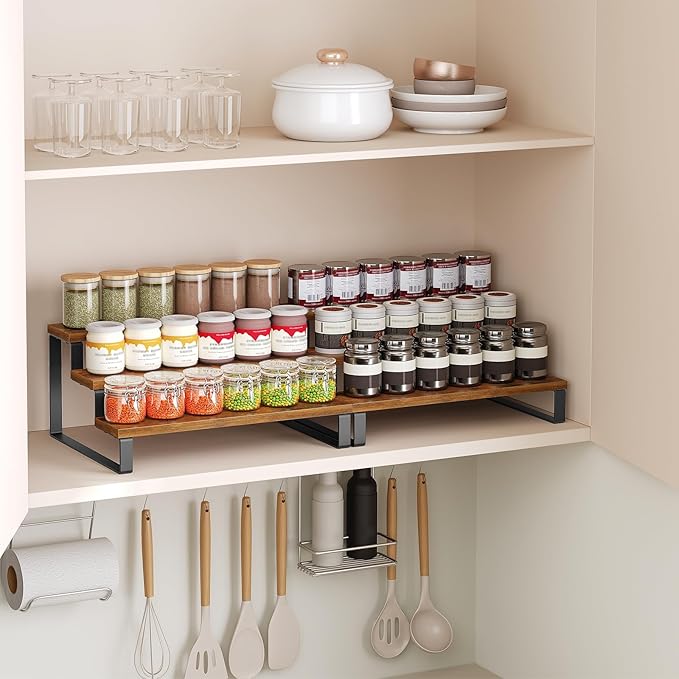 Spice Rack, 3 Tier Wooden Display Riser Stand, Kitchen Storage Organizer for Spices, Versatile Display Shelf, Space Saving, for Kitchen Countertop and Cabinet, Rustic Brown SR03L2BR