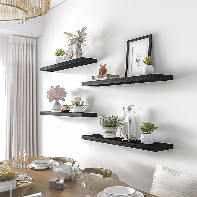 24 Inch Black Wood Floating Shelves for Wall Rustic Wall Shelf for Bedroom Living Room Set of 4