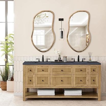 Irregular Wall Mirror Wood Asymmetrical Mirror Large Bathroom Vanity Mirrors Natural Wood Framed Abstract Mirrors for Wall Living Room Bedroom Decorative