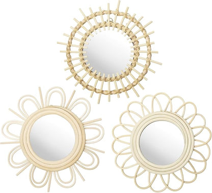 Briful Beige Wall Mirrors Decor Set of 3 Wooden Round Wall Mirrors Wall-Mounted Sunburst Mirrors Hanging Wall Art for Living Room Home Indoor Bedroom Decor