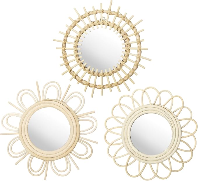 Briful Beige Wall Mirrors Decor Set of 3 Wooden Round Wall Mirrors Wall-Mounted Sunburst Mirrors Hanging Wall Art for Living Room Home Indoor Bedroom Decor