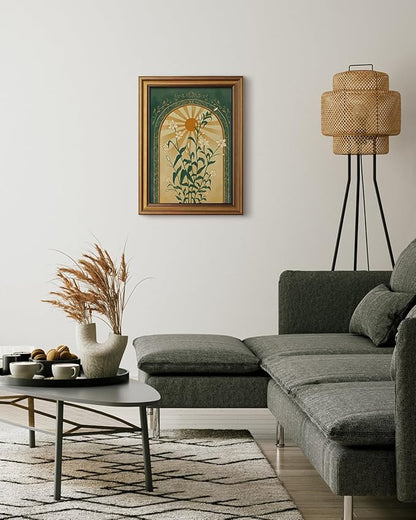HUARCEY Gold Framed Canvas Wall Art, Sun Botanical Picture Decor, Living Room Bedroom Emerald Green Boho Art, Rustic Vintage Moody Mystical Folk Art Canvas Paintings, 12x16inch