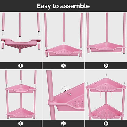 Orimade Rustproof 4 Tier Floor Standing Corner Shower Caddy Organizer, Plastic Metal Splicing Floor Corner Shelf Rack Storage Stands for Bathroom,10.8 x 10.8 x 44.6 inches, Pink