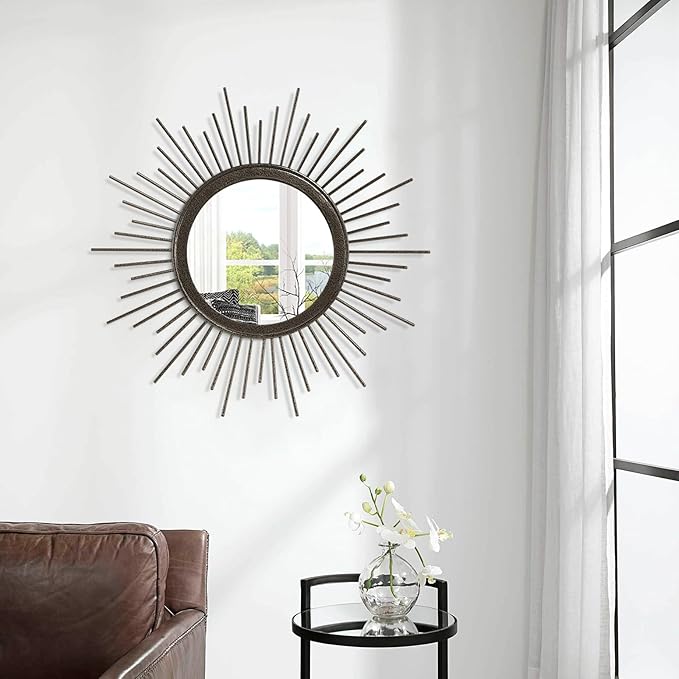 Large Sunburst Wall Mirror, Round Home Modern Metal Art Mirror for Bathroom Living Room Hallway Bedroom Balcony Farmhouse 24