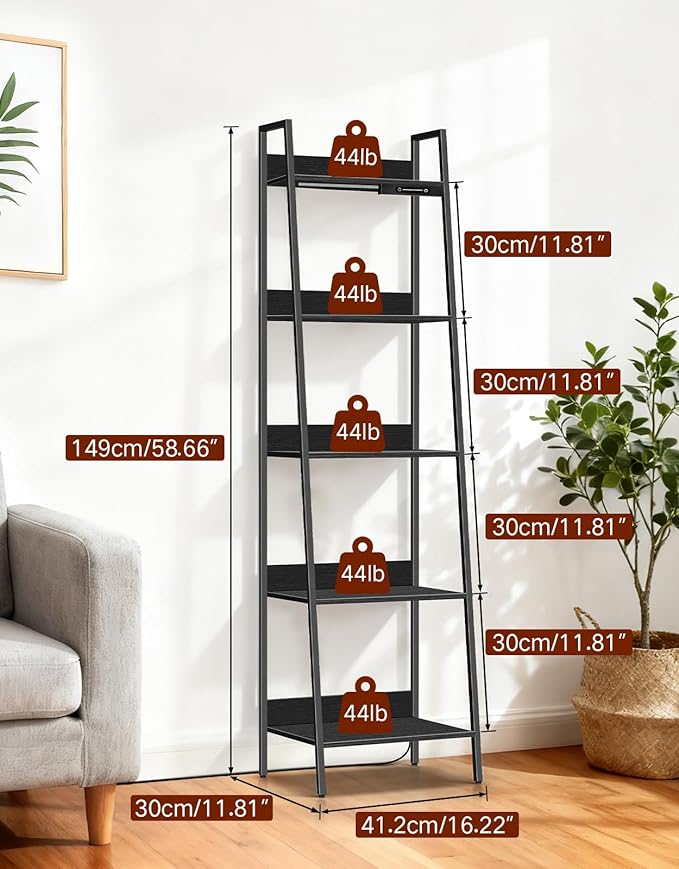5-Tier Small Ladder Shelf with LED Lights, Touch & Remote Control, 3 Color Temperatures, Dimmable Tall Corner Standing Bookcase, Metal Wood Display Shelf for Living Room, Bedroom(Black)