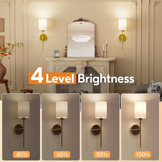 NIORSUN Battery Operated Wall Sconce Set of 2, Gold Wireless Rechargeable Wall Lights with 5200mAh Dimmable Detachable Bulbs and Remote, 9 Colors Sconces Wall Decor for Bedroom Living Room Hallway