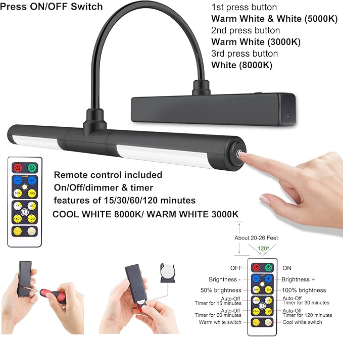 LUXSWAY Picture Lights for Paintings,Rechargeable Battery Wireless Art Light with Remote Control,Dimmable and Timer Off Display Lights with Rotatable Light Tube for Portrait,Dart Board,Gallery