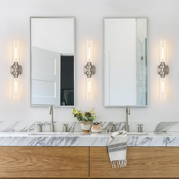 Wall Sconces Set of Two, Hardwired Brushed Nickel Bathroom Sconces Wall Lighting with Clear Glass, Modern Sconces Wall Decor Set of 2 Bathroom Light Fixtures for Mirror Hallway (Bulbs Not Included)