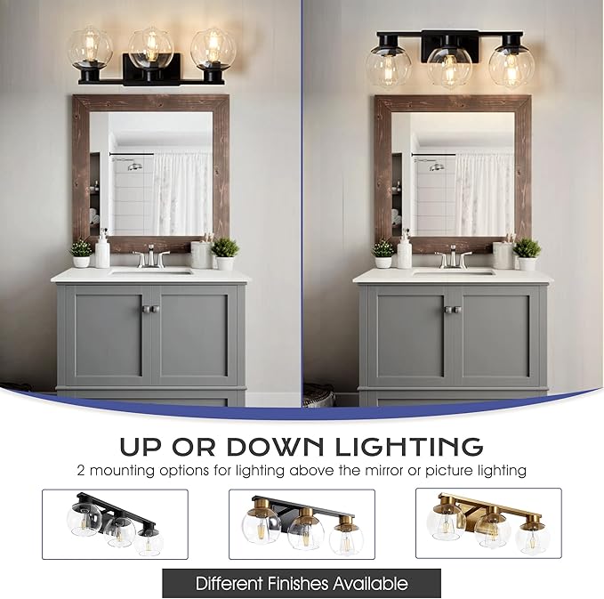 3-Lights Black Bathroom Vanity Lights, Modern Bathroom Lighting Fixtures with Globe Glass Shade, 22in Matte Black Wall lamp for Bath Over Mirror Kitchen Cabinet Living room Hallway Bedroom Porch