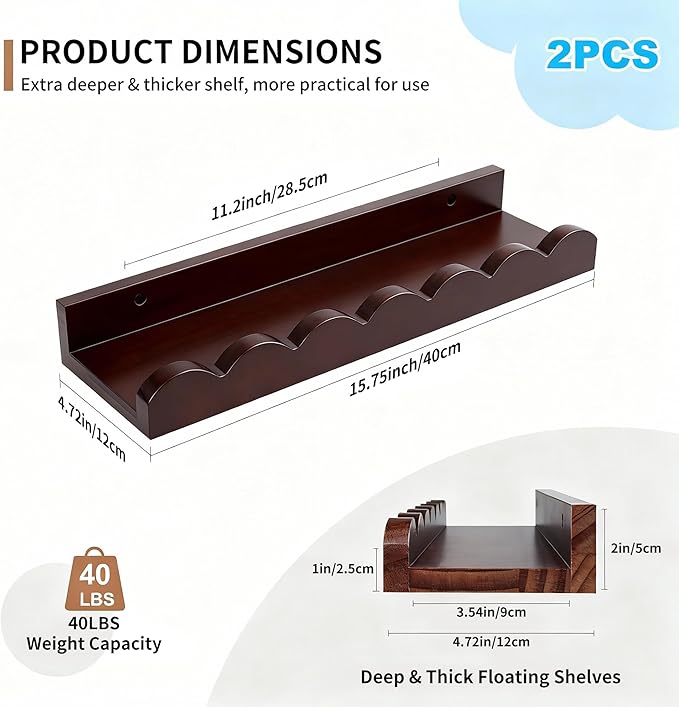 Walnut Scalloped Book Shelf, Dark Wood Nursery Book Shelves Set of 4 Pine Wooden Floating Bookshelf for Wall Cloud Picture Ledge Shelf for Kids Bedroom Baby Child Toddler Room Kitchen (40cm)