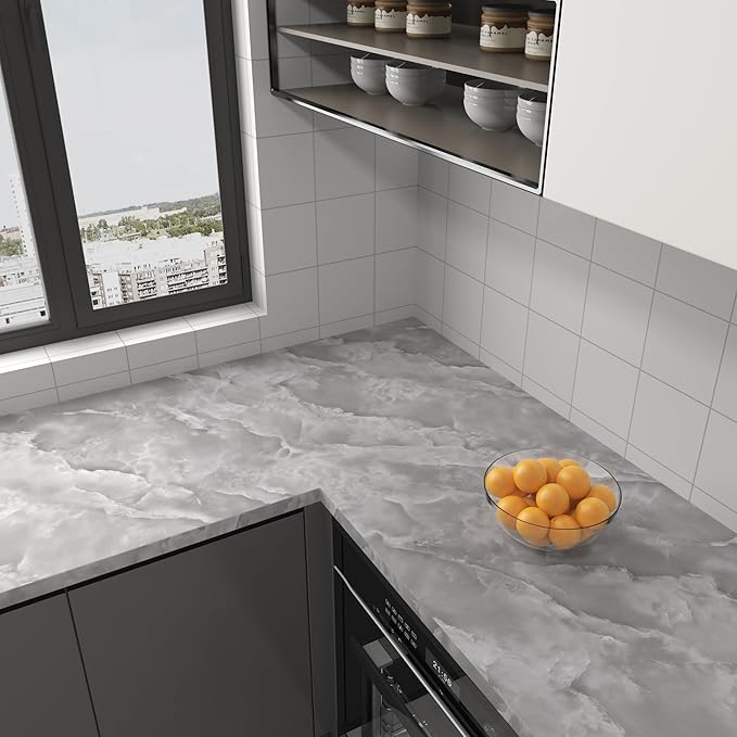 JSEVEM 16"×118" Thick Grey White Cloud Pattern Marble Wallpaper Peel and Stick Vinyl Gray White Marble Contact Paper for Cabinet Waterproof Glossy Granite Wall Sticker for Walls Table Desk Countertops