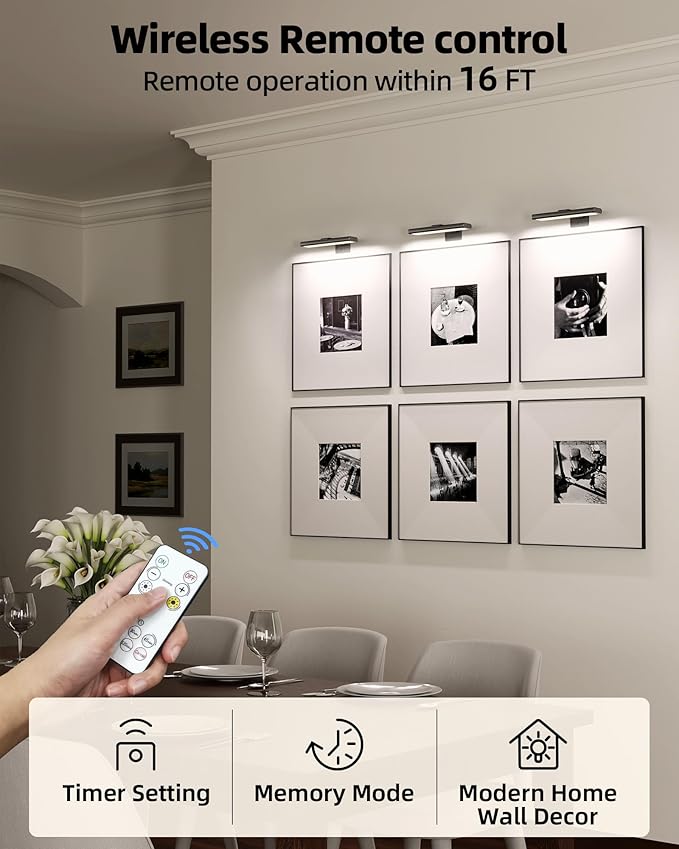 EZVALO Picture Light for Wall, Rechargeable 2400mAh Battery Lights Wireless Remote, 3 Color & Dimmable Magnetic 7.8'' LED Lights Display for Painting, Living Room, Gallery, Bedroom(Black-3P)