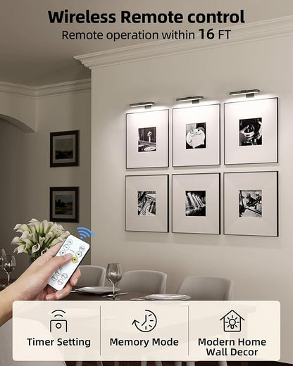 EZVALO Picture Light for Wall, Rechargeable 2400mAh Battery Lights Wireless Remote, 3 Color & Dimmable Magnetic 7.8'' LED Lights Display for Painting, Living Room, Gallery, Bedroom(Black-3P)