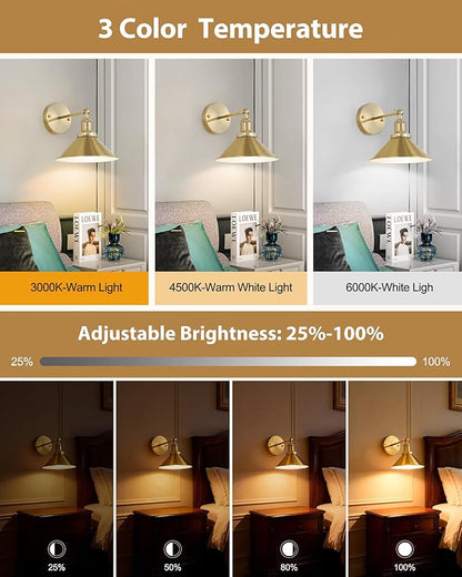 Gold Vintage Wireless Battery Operated Wall Sconces, Rechargeable Cordless Battery Powered Led Wall Lights Set of 2, Wall Lamp Fixture Indoor with Remote Control for Bedroom Farmhouse Gallery