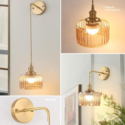 Battery Operated Wall Sconce with Amber Striped Shade Pattern Glass Adjustable Chain Retro Gold Wall Mounted Light, Modern Wall Lamp Fixtures Decor for Bedside Bedroom Indoor Doorway